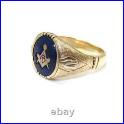 Vintage 10K Yellow Gold Blue Spinel Mason Masonic Men's Ring Size 11.75