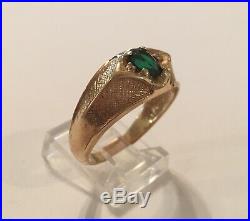 Vintage 10K Yellow Gold Faux Green Emerald Men's Ring bb