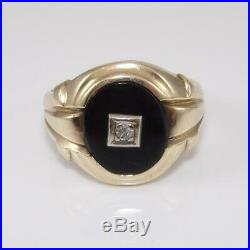 Vintage 10K Yellow Gold Men's Black Onyx Diamond Ring Size 10.5