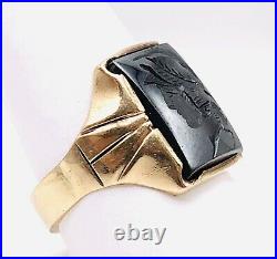 Vintage 10K Yellow Gold Roman Soldier Intaglio Hematite Men's Ring Size 10.5