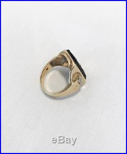 Vintage 10K Yellow Gold Signed Mens Diamond Onyx Signet Ring L132