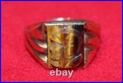Vintage 10 K Yellow Gold Men Ring Tigers Eye Carved Soldier Face Head Size 9