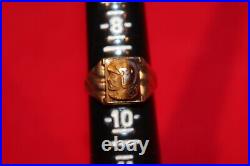 Vintage 10 K Yellow Gold Men Ring Tigers Eye Carved Soldier Face Head Size 9