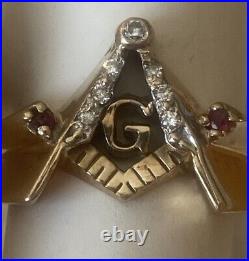 Vintage 10k Gold Masonic Lodge 3rd Degree Diamond Ruby Compass Square Ring 11.5