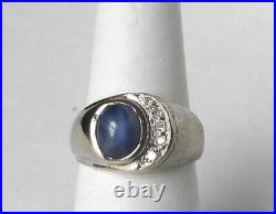 Vintage 10k White Gold Mens 2.30 Ct Blue Star Sapphire Diamond Ring Sz 9.25 6gr