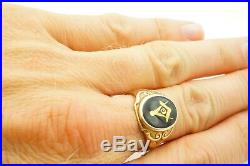 Vintage 10k Yellow Gold Black Onyx Masonic Mens Ring Size 10.25