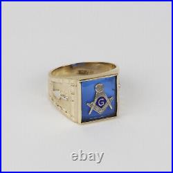 Vintage 10k Yellow Gold, Blue Glass Masonic/Freemason Mens Ring Size 8.5