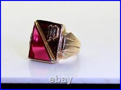 Vintage 10k Yellow Gold Mens P Ruby Signet/Statement Ring, Size 8.5