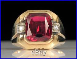 Vintage 10k Yellow Gold Mens Ring Large Square Red Ruby With Diamond Accents