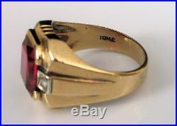 Vintage 10k Yellow Gold Mens Ring Large Square Red Ruby With Diamond Accents