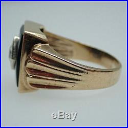 Vintage 10k Yellow Gold Onyx &. 45ctw Old European Cut Diamond Mens Ring Sz 12