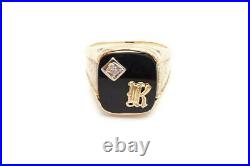 Vintage 10k Yellow Gold Signet Initial K Black Onyx Diamond Mens Ring Size 9.5