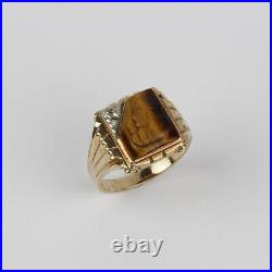 Vintage 10k Yellow Gold, Tigers Eye Mens Intaglio Ring Size 11.5