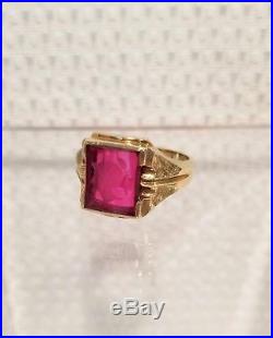 Vintage 10k yellow gold Mens Ruby Ring etched synthetic ruby warrior Sz 10 9.6g