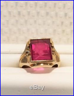 Vintage 10k yellow gold Mens Ruby Ring etched synthetic ruby warrior Sz 10 9.6g