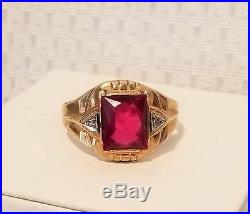 Vintage 10k yellow gold ruby diamond mens signet style ring 3.3g