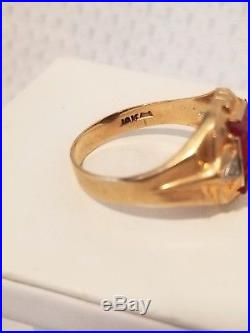 Vintage 10k yellow gold ruby diamond mens signet style ring 3.3g