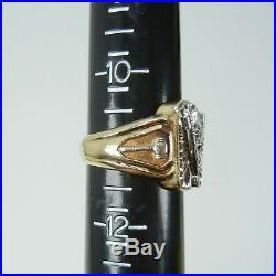 Vintage 14K Gold Diamond Masonic Mens Ring Sz 11 2-Tone Yellow White 19.5g gavel