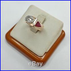 Vintage 14K Karat Solid Two Tone Gold Mens Ring With Diamond & Rubellite