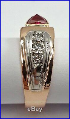 Vintage 14K Karat Solid Two Tone Gold Mens Ring With Diamond & Rubellite