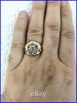 Vintage 14K Solid Yellow Gold 1.25 Ct Natural Diamond Mens Cluster Ring 15 Grams