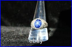 Vintage 14K White Gold Diamond Natural 6ct Blue Star Sapphire Mens Ring