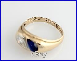 Vintage 14K YG Blue Gemstone & Diamond Ring Old Euro 1/4 Ct Gold Band Mens Gents