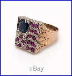 Vintage 14K Yellow Gold 3.3 Ct Natural Sapphire & Ruby Mens Signet Ring 13.7 Gr