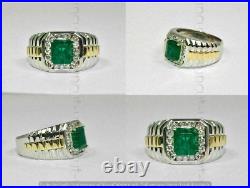 Vintage 14K Yellow Gold Over 3. Ct Green Emerald & simulated Diamond Ring
