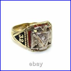 Vintage 14K Yellow Gold Ring Size 9.5 Natural Diamond Masonic Mason 32nd Degree