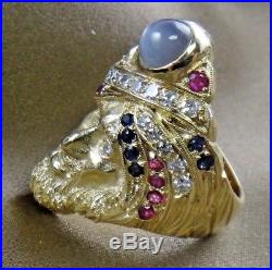 Vintage 14K Yellow Gold SIKH Turban Men's Ring With Diamonds Star Sapphire Ruby