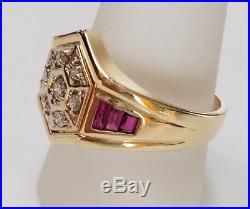 Vintage 14k Gold 0.75ct Diamond & Baguette Ruby Men's Ring Size 10 Estate Find