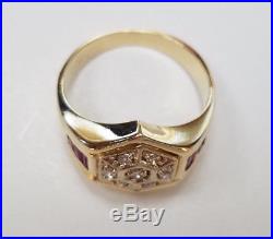 Vintage 14k Gold 0.75ct Diamond & Baguette Ruby Men's Ring Size 10 Estate Find