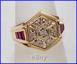Vintage 14k Gold 0.75ct Diamond & Baquette Ruby Men's Ring Size 10 Estate Find