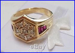 Vintage 14k Gold 0.75ct Diamond & Baquette Ruby Men's Ring Size 10 Estate Find