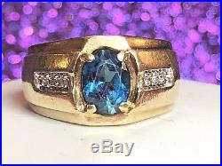 Vintage 14k Gold Genuine London Blue Topaz & Natural Diamond Men's Ring Signed