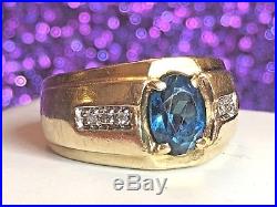 Vintage 14k Gold Genuine London Blue Topaz & Natural Diamond Men's Ring Signed