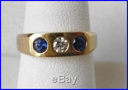 Vintage 14k Gold Gypsy Burnished Diamond+Sapphire 3 Stone Band Ring MensSz 7.75