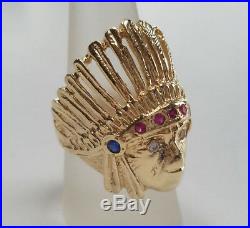 Vintage 14k Gold Indian Head Diamond Sapphire Ruby Gemstone Mens Ring Size 9