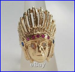 Vintage 14k Gold Indian Head Diamond Sapphire Ruby Gemstone Mens Ring Size 9