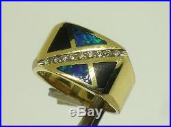 Vintage 14k Gold Inlaid Man's Ring 0.27 Ctw Diamonds+opal+onyx-10.5us-10.2 Grams