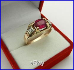 Vintage 14k Rose Gold Red Spinel Mens Ring with Diamond Accent size 9.5
