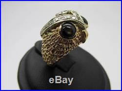 Vintage 14k Solid Gold Brown Star Sapphire & Diamond Ladies or Men's Owl Ring
