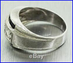 Vintage 14k Solid White Gold 0.60ctw Round Diamond & 0.80ctw Sapphire Men's Ring
