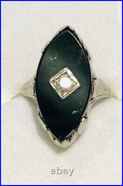 Vintage 14k White Gold Diamond & Onyx Ring