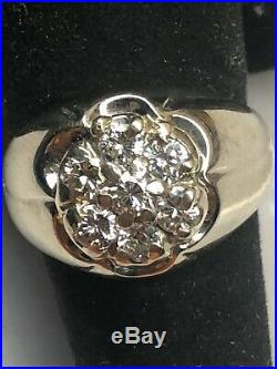 Vintage! 14k White Gold Mens Diamond Cluster Ring