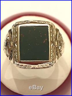 Vintage 14k Yellow Gold 12x10 Bloodstone Roman Intaglio Mans Ring Size 11.5