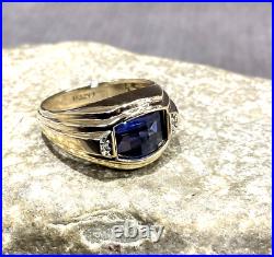 Vintage 14k Yellow Gold & Checkerboard Cut Blue Topaz & Diamond Men's Ring