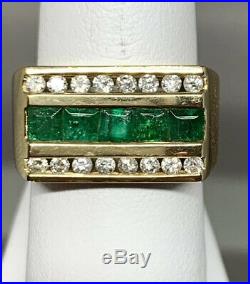 Vintage 14k Yellow Gold Emerald Diamond Mens Ring Band $3660 11 Grams Size 8