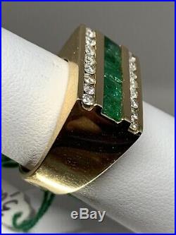 Vintage 14k Yellow Gold Emerald Diamond Mens Ring Band $3660 11 Grams Size 8